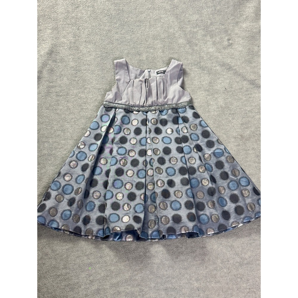 Wojcik Girls Grey Blue Metallic Polka Dot Party Dress Rhinestone Waist Size 104